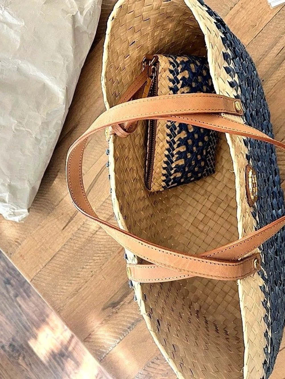 Tory Burch Ella Straw Basket Tote Blue & Tan - Picture 6 of 9